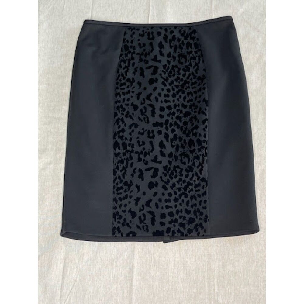 Calvin Klein Black Velvet Flock Leopard Print Pencil Skirt Stretch Back Zip